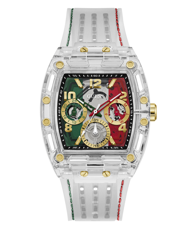 A Guss watch with a transparent clear case and strap, featuring a multicolor dial with green, red, and gold sections, set against a plain white background.