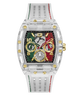 A Guss watch with a transparent clear case and strap, featuring a multicolor dial with green, red, and gold sections, set against a plain white background.