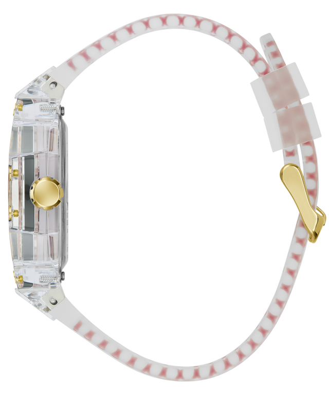 A clear resin watch with a white silicone strap featuring pink and white diagonal stripes, a gold-tone crown, and a gold-tone buckle.