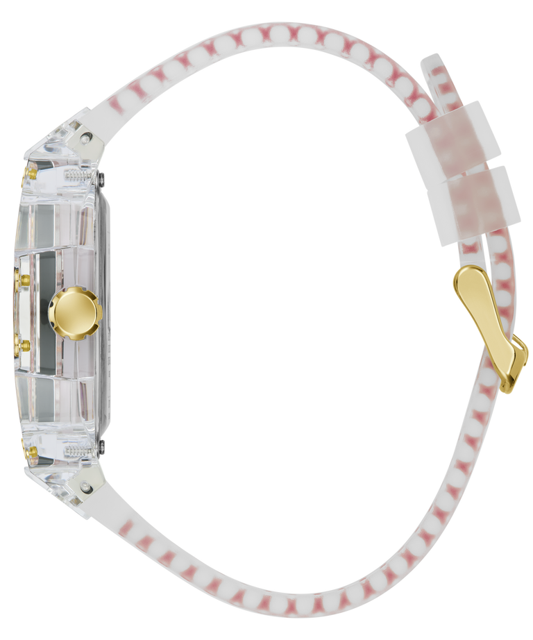 A clear resin watch with a white silicone strap featuring pink and white diagonal stripes, a gold-tone crown, and a gold-tone buckle.