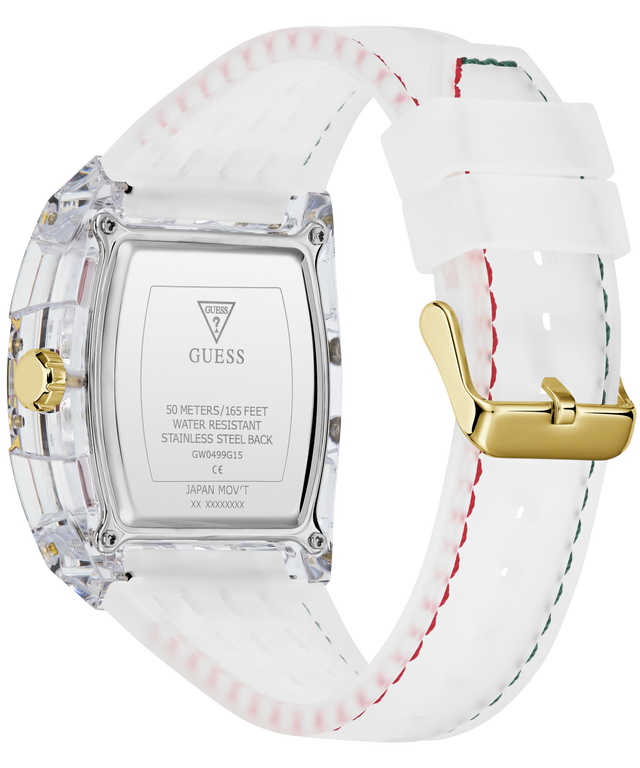 A GUESS watch with a clear crystal case, white silicone strap, and gold-tone buckle, shown from the back on a white background.