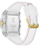 A GUESS watch with a clear crystal case, white silicone strap, and gold-tone buckle, shown from the back on a white background.