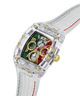 A luxury wristwatch with a transparent acrylic case, gold-tone case details, and a multi-colored dial featuring green, red, and gold sections. The watch has a white silicone strap with green and red stitching, shown on a clean white background. lifestyle