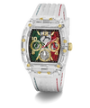 A Guess watch with a transparent acrylic case, a white silicone strap with red and green stitching, and a dial split into green, black, and red sections with gold-tone details.
