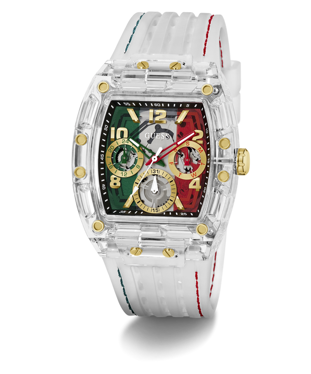 A Guess watch with a transparent acrylic case, a white silicone strap with red and green stitching, and a dial split into green, black, and red sections with gold-tone details.