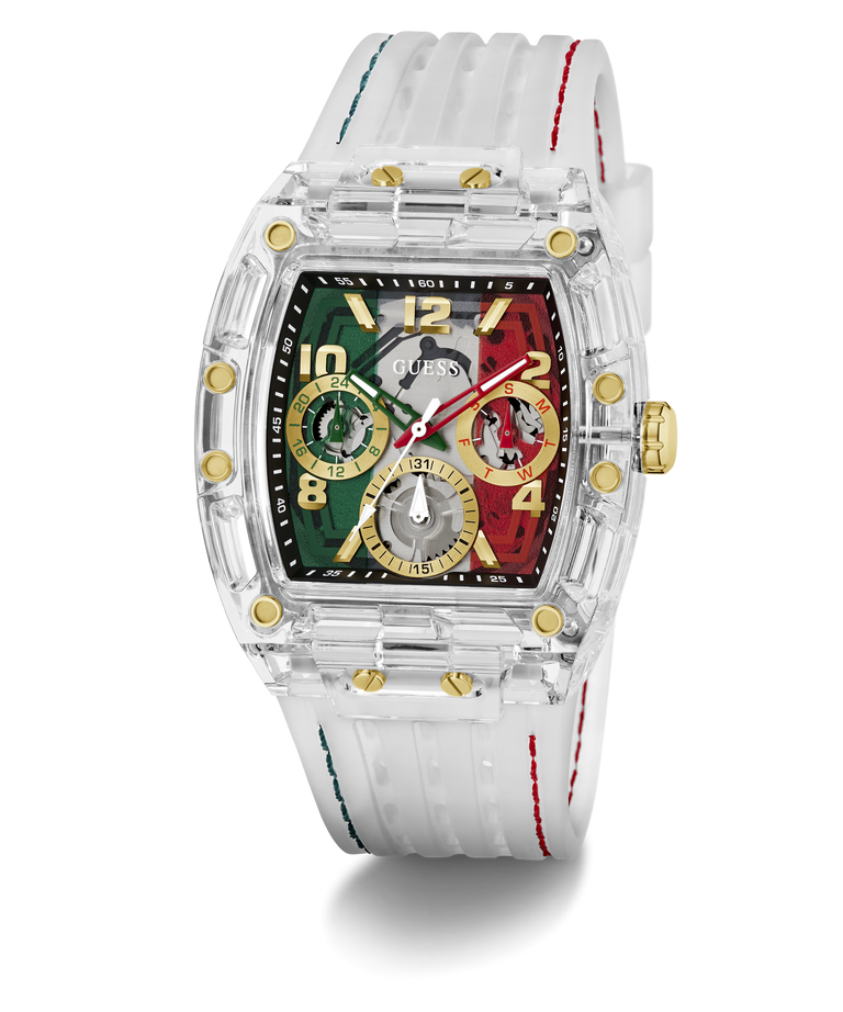 A Guess watch with a transparent acrylic case, a white silicone strap with red and green stitching, and a dial split into green, black, and red sections with gold-tone details.