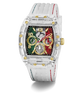 A Guess watch with a transparent acrylic case, a white silicone strap with red and green stitching, and a dial split into green, black, and red sections with gold-tone details.