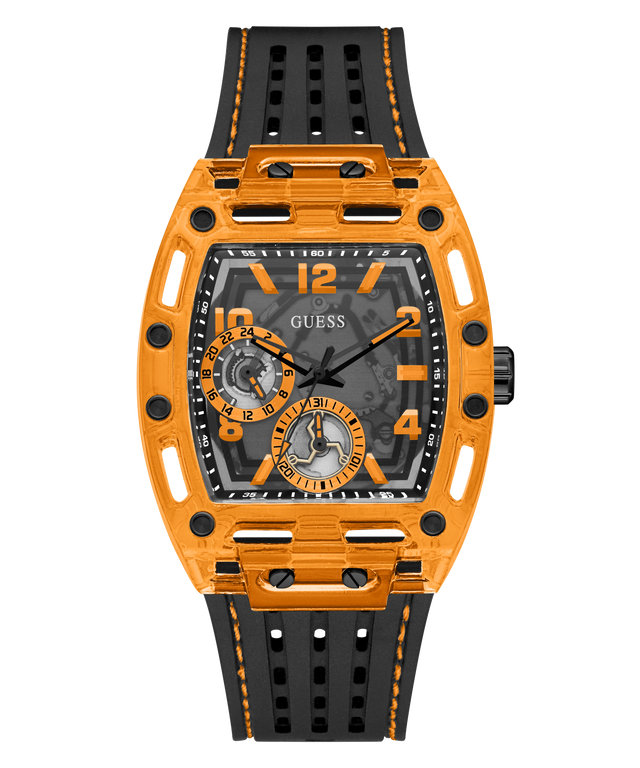 A GUESS men's watch featuring a bright orange translucent case, a black dial with orange accents, and a black perforated rubber strap with orange stitching, shown against a plain white background.