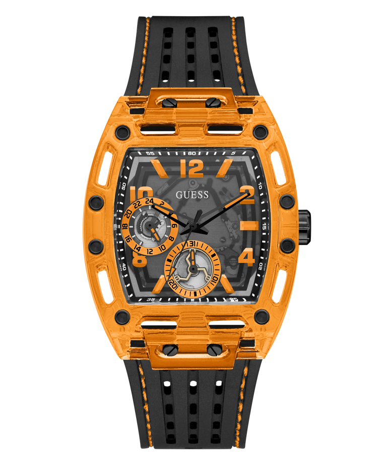 A GUESS men's watch featuring a bright orange translucent case, a black dial with orange accents, and a black perforated rubber strap with orange stitching, shown against a plain white background.