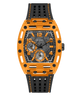 A GUESS men's watch featuring a bright orange translucent case, a black dial with orange accents, and a black perforated rubber strap with orange stitching, shown against a plain white background.