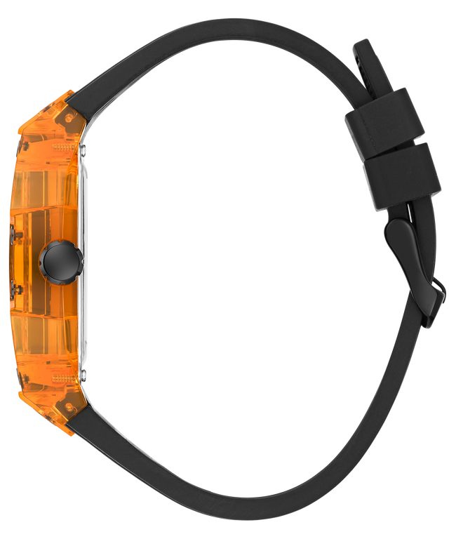A side profile view of a smartwatch with a translucent orange case and a matte black strap, shown against a solid white background.