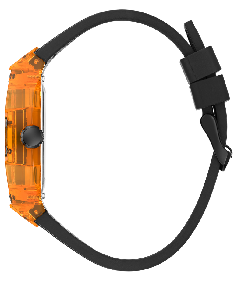 A side profile view of a smartwatch with a translucent orange case and a matte black strap, shown against a solid white background.