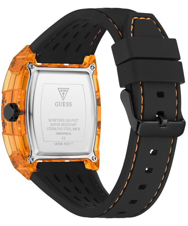 Back view of a GUESS watch with a transparent orange case, black stainless steel back, and black rubber strap with orange stitching, on a white background.
