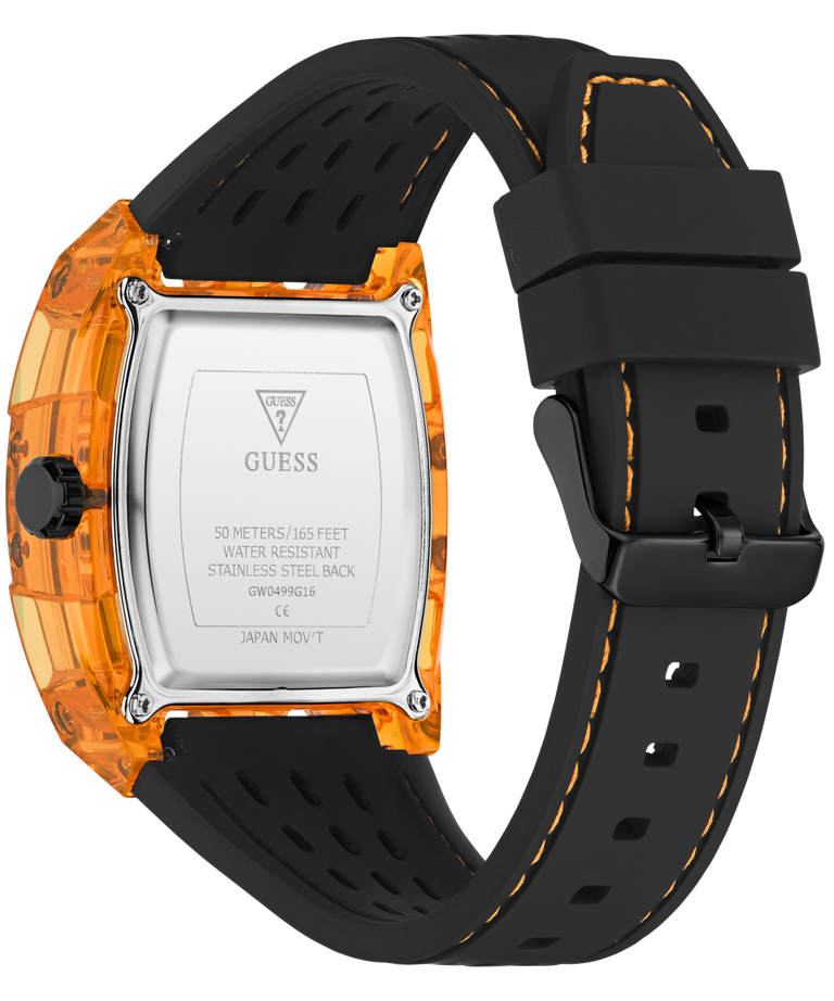 Back view of a GUESS watch with a transparent orange case, black stainless steel back, and black rubber strap with orange stitching, on a white background.