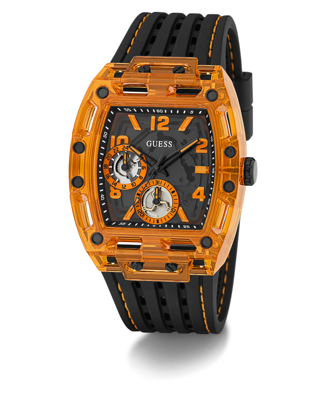A GUESS men's watch featuring a transparent orange case and a black textured strap with orange stitching, set against a plain white background.