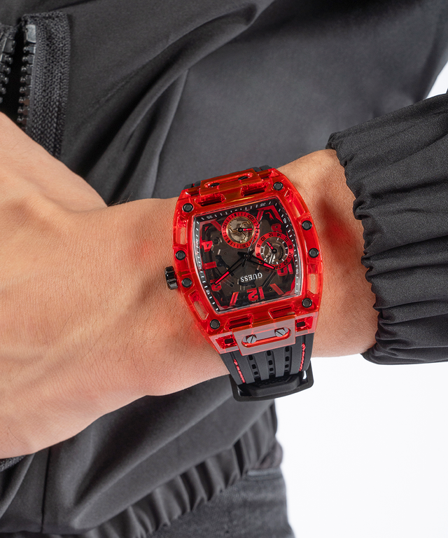 GW0499G4 GUESS Mens Black Red Multi-function Watch lifestyle watch on arm