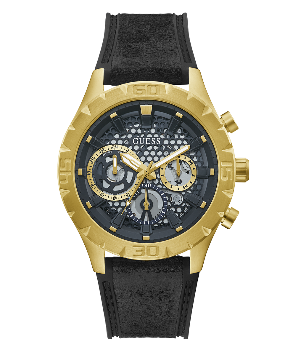 GUESS Mens Black Gold Tone Multi-function Watch