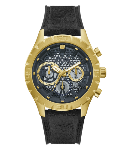 GUESS Mens Black Gold Tone Multi-function Watch