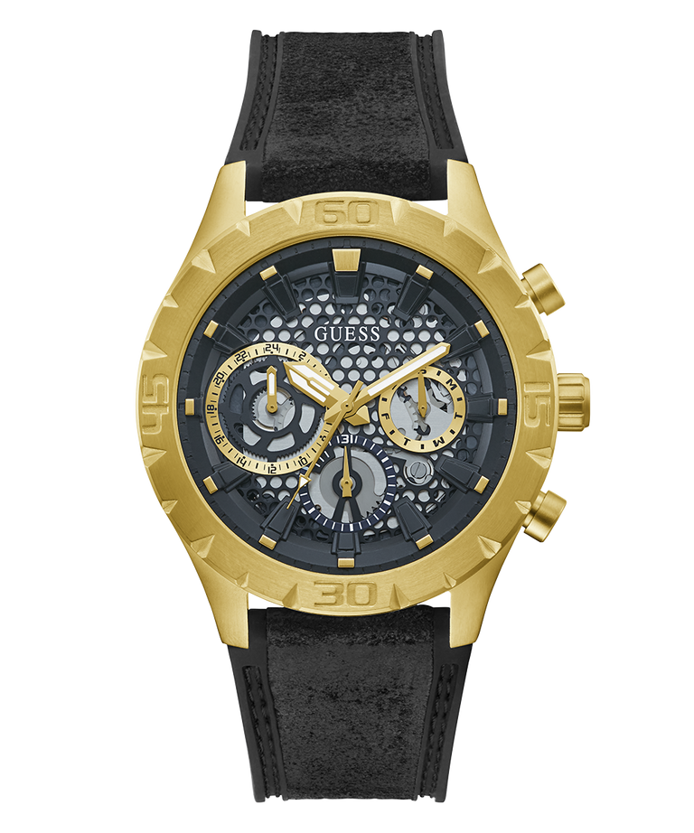 GUESS Mens Black Gold Tone Multi-function Watch