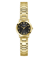 Gold watch with black dial on a white background