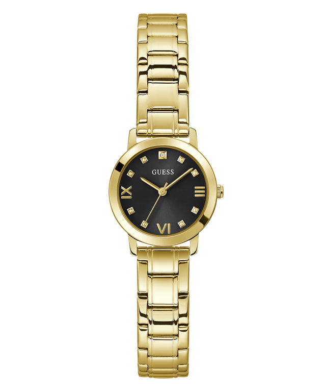 Gold watch with black dial on a white background