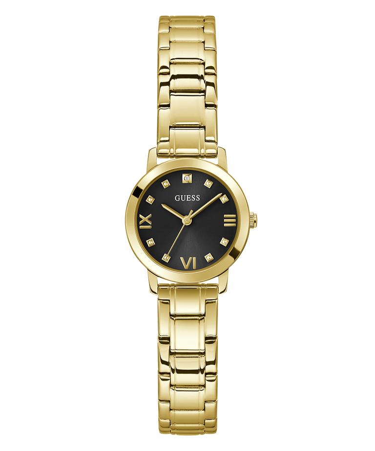 Gold watch with black dial on a white background