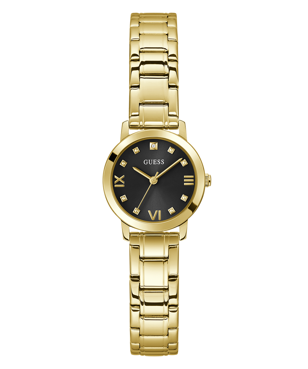 Gold watch with black dial on a white background