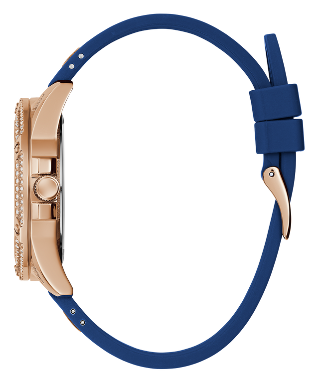 GUESS Ladies Blue Rose Gold Tone Multi-function Watch side view