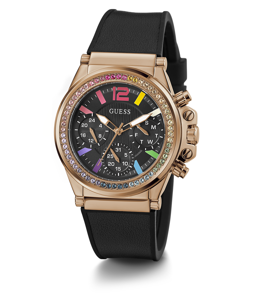 GW0562L3 GUESS Ladies Black Rose Gold Tone Multi-function Watch angle