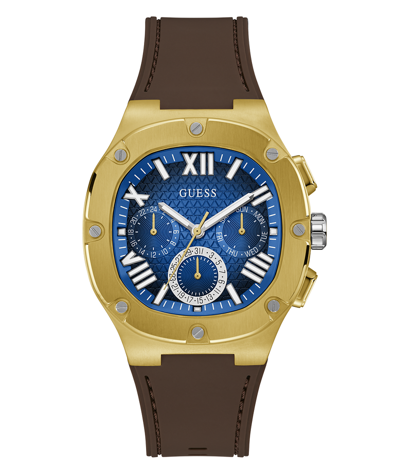 GUESS Mens Brown Gold Tone Multi-function Watch