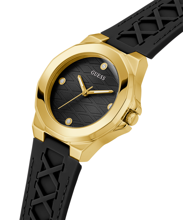 GUESS Ladies Black Gold Tone Analog Watch lifestyle angle