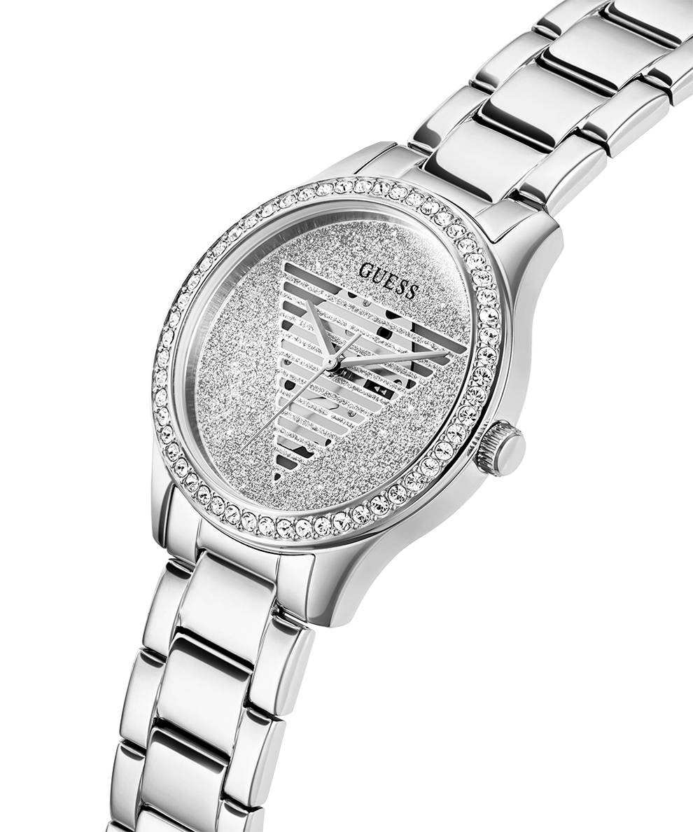 GUESS Ladies Silver Tone Analog Watch lifestyle angle