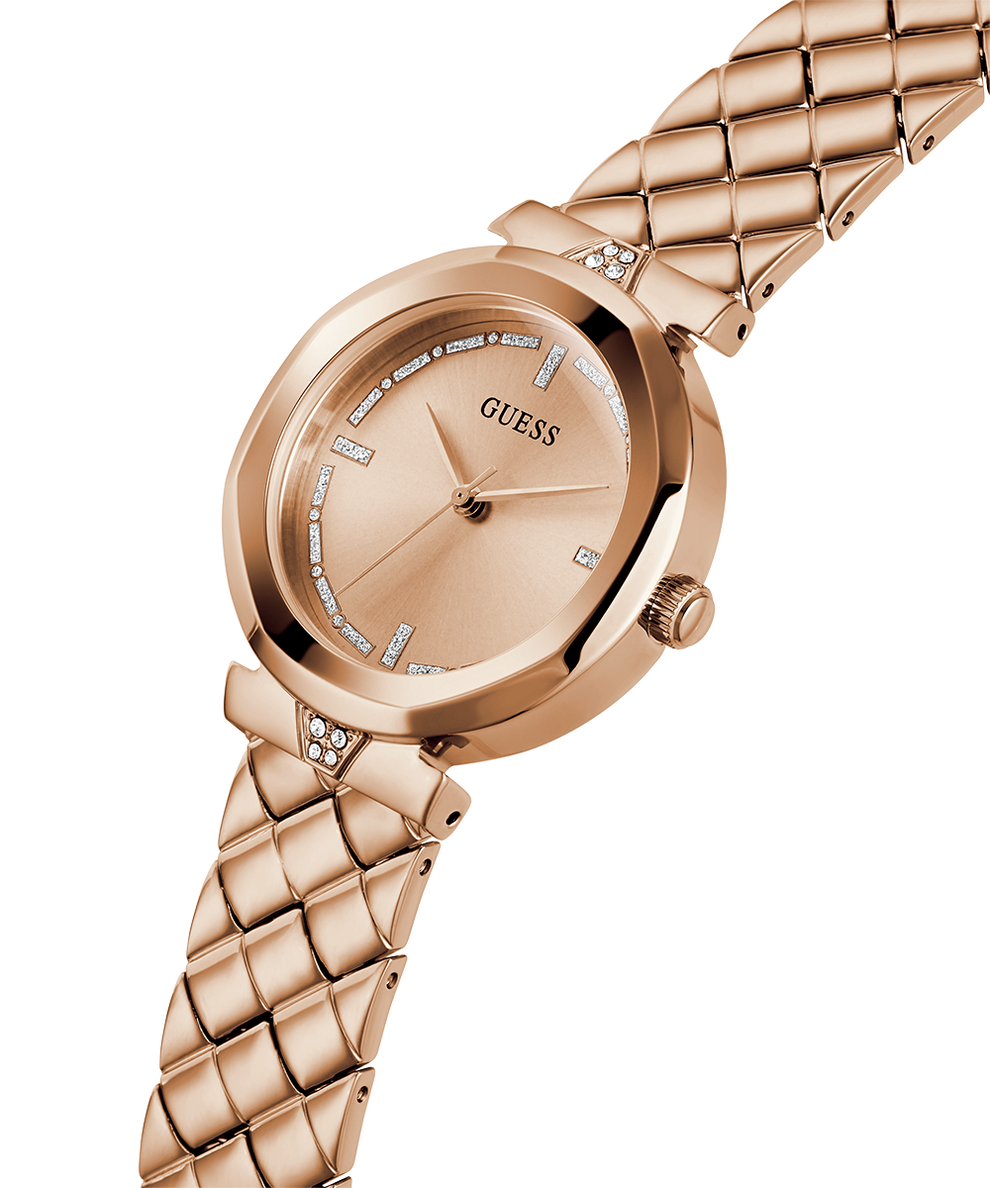 GUESS Ladies Rose Gold Tone Analog Watch lifestyle angle