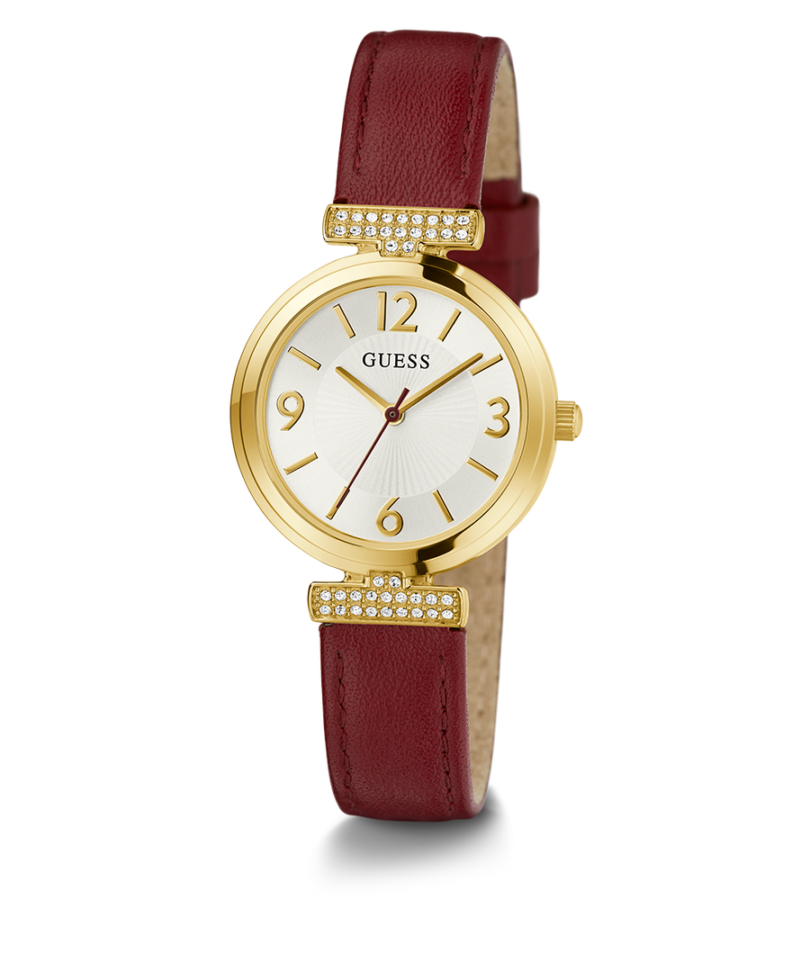 GUESS Ladies Burgundy Gold Tone Analog Watch