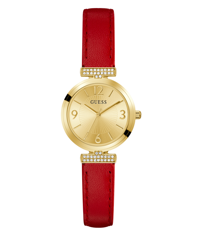GUESS Ladies Red Gold Tone Analog Watch with a red strap on a white background