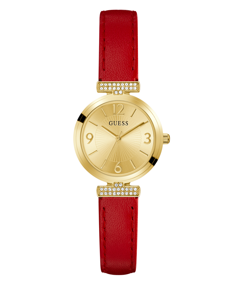 GUESS Ladies Red Gold Tone Analog Watch with a red strap on a white background