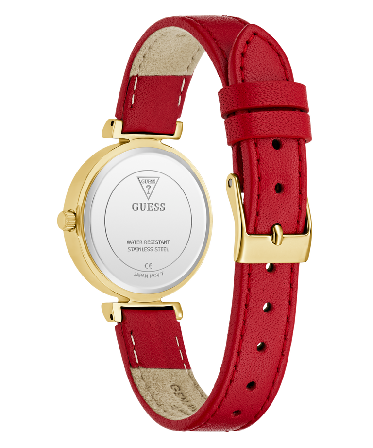 GUESS Ladies Red Gold Tone Analog Watch with red leather strap and gold case on a white background