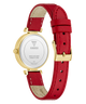 GUESS Ladies Red Gold Tone Analog Watch with red leather strap and gold case on a white background