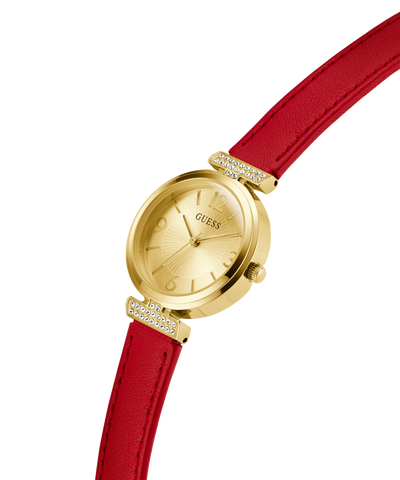 GUESS Ladies Red Gold Tone Analog Watch with a red strap on a white background lifestyle