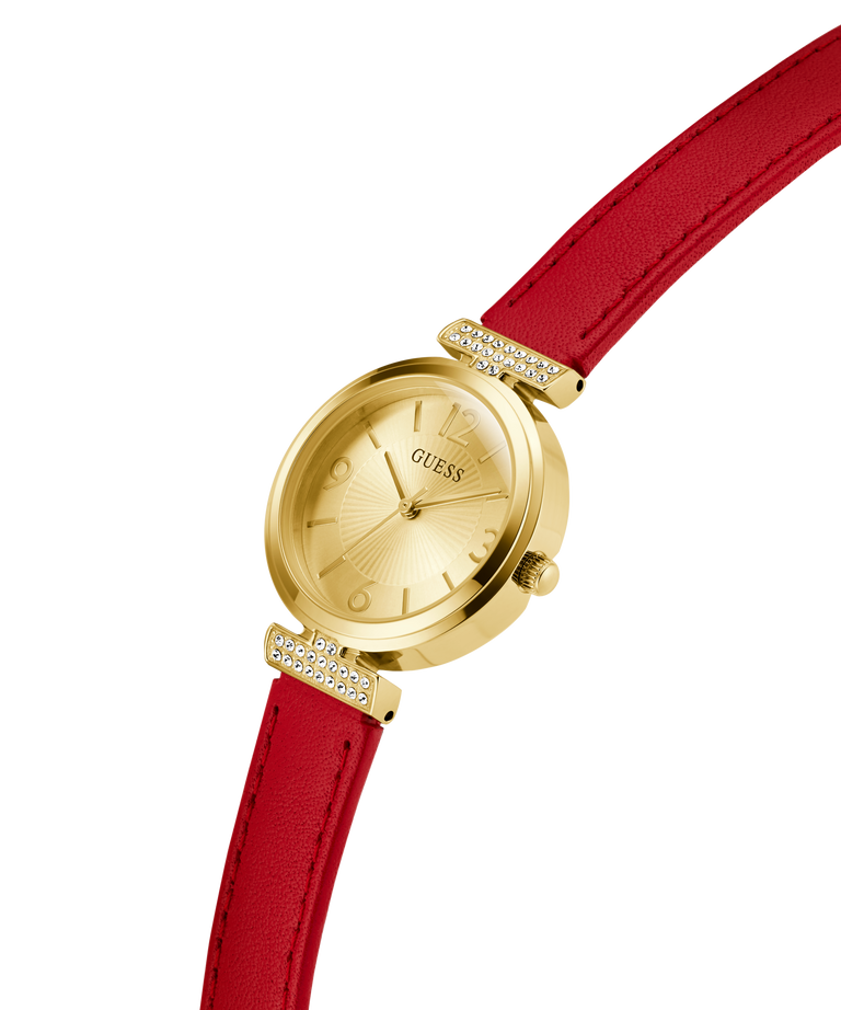 GUESS Ladies Red Gold Tone Analog Watch with a red strap on a white background lifestyle