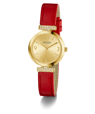 GUESS Ladies Red Gold Tone Analog Watch with a red strap on a white background