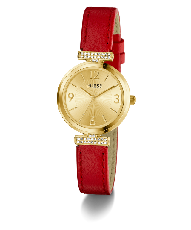 GUESS Ladies Red Gold Tone Analog Watch with a red strap on a white background