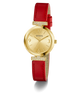 GUESS Ladies Red Gold Tone Analog Watch with a red strap on a white background