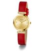GUESS Ladies Red Gold Tone Analog Watch with a red strap on a white background