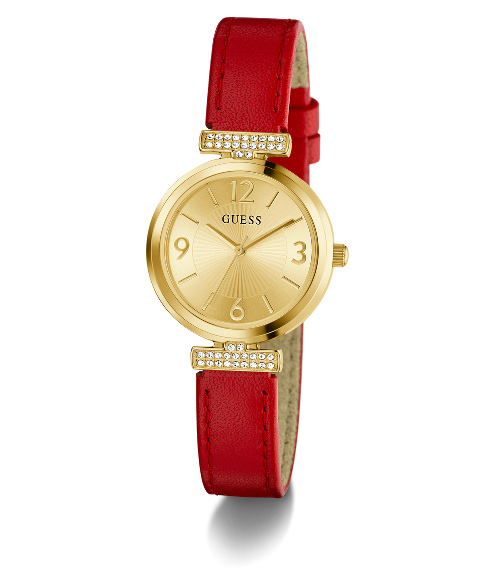 GUESS Ladies Red Gold Tone Analog Watch with a red strap on a white background