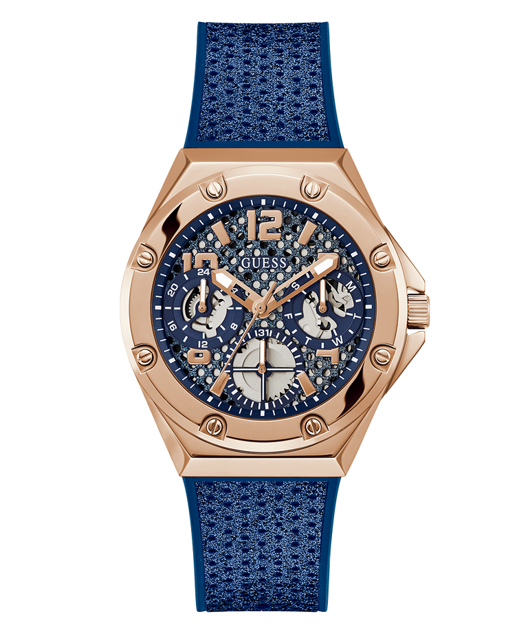 GUESS Ladies Blue Rose Gold Tone Multi-function Watch