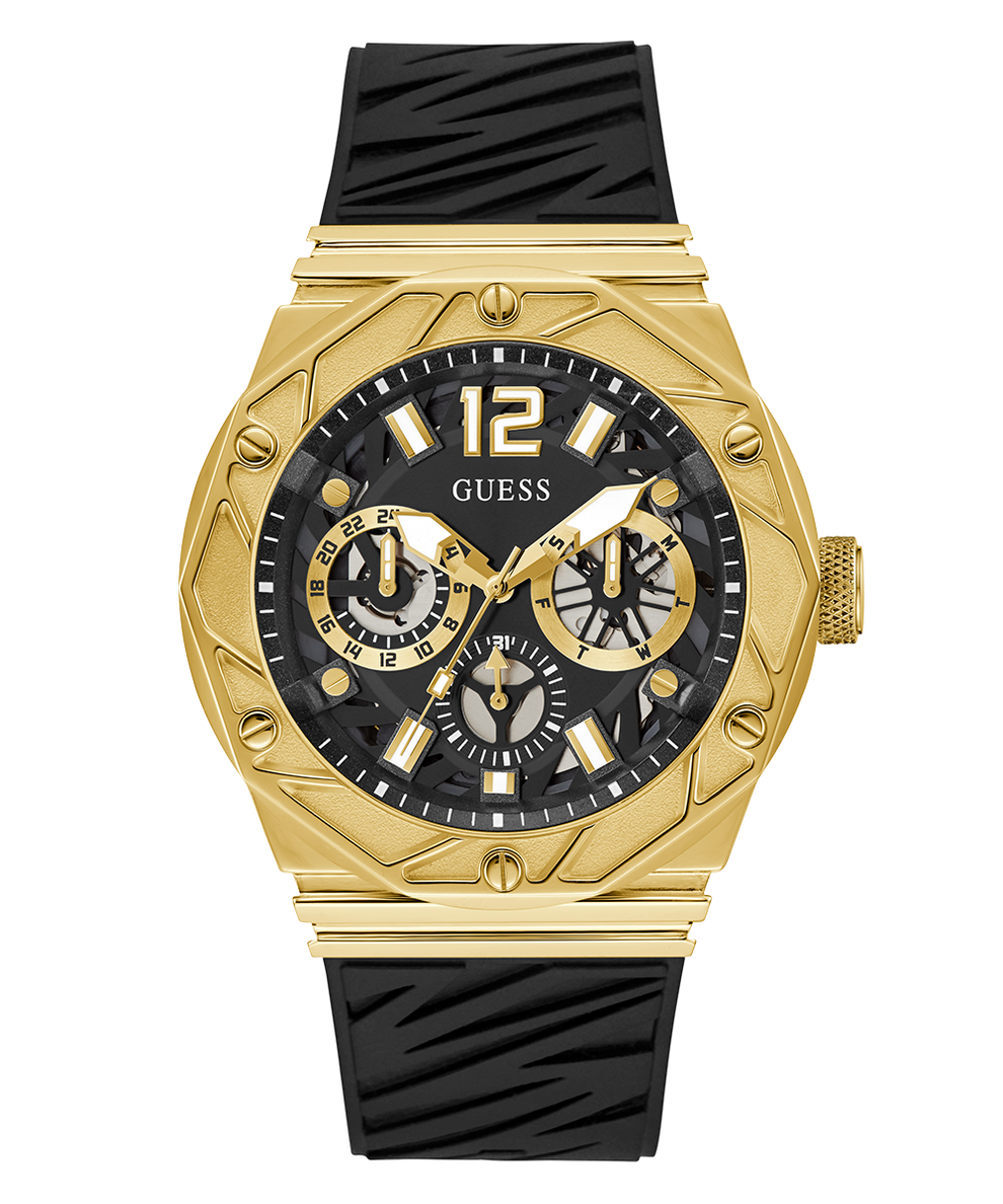 GUESS Mens Black Gold Tone Multi-function Watch
