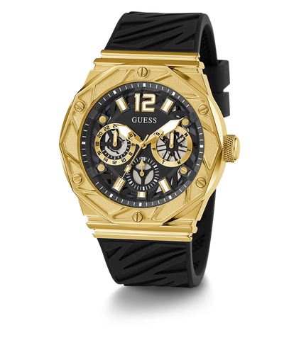 GUESS Mens Black Gold Tone Multi-function Watch