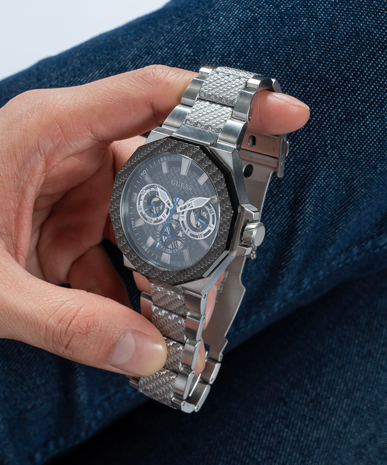 GUESS Mens Silver Tone 2 Tone Multi function Watch