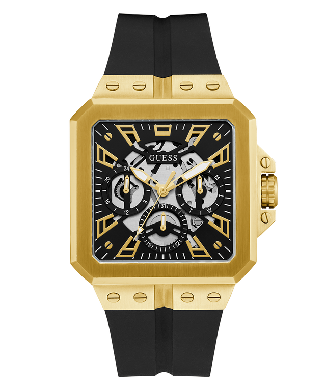 GUESS Mens Black Gold Tone Multi-function Watch